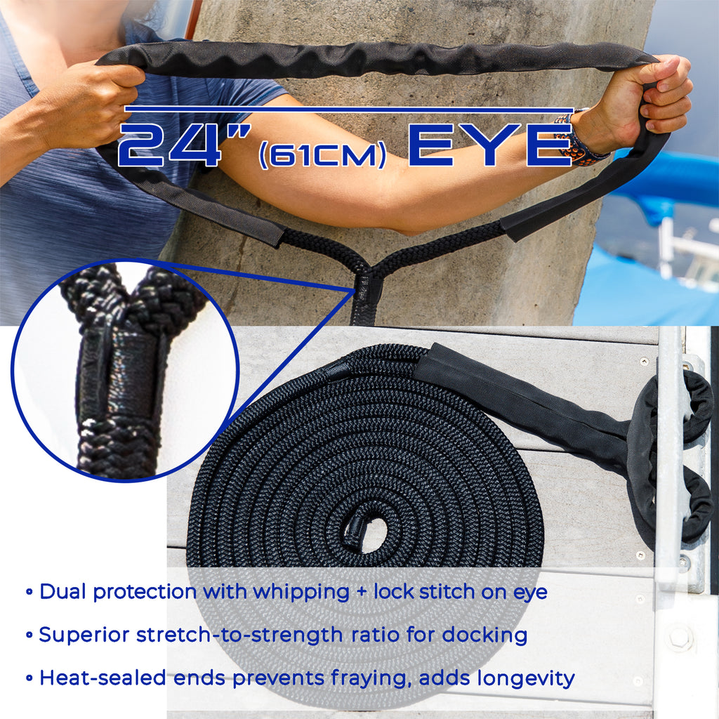 5/8" x 25' Double-Braided Nylon Dock Lines with Chafe Guard, 2-Pack